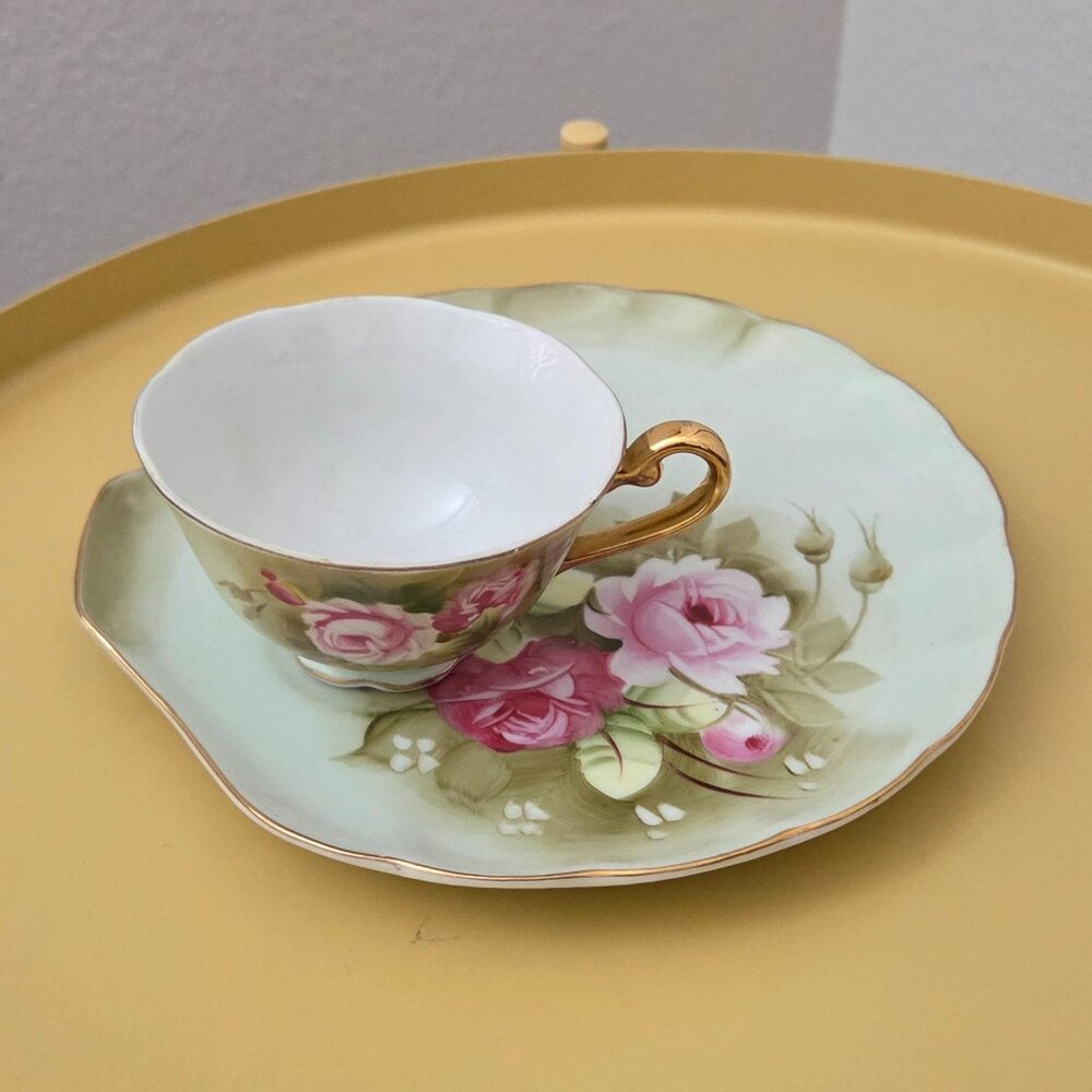 Vintage Lefton Heritage Rose Green Hand Painted 2x Snacks Sets Teacups & Plates